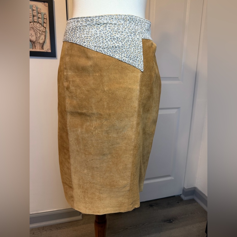 Vintage Suede Leather Skirt with Leopard Print Trim